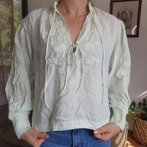Anthropologie Floral Embroidered Long Sleeve Linen Top Size Small